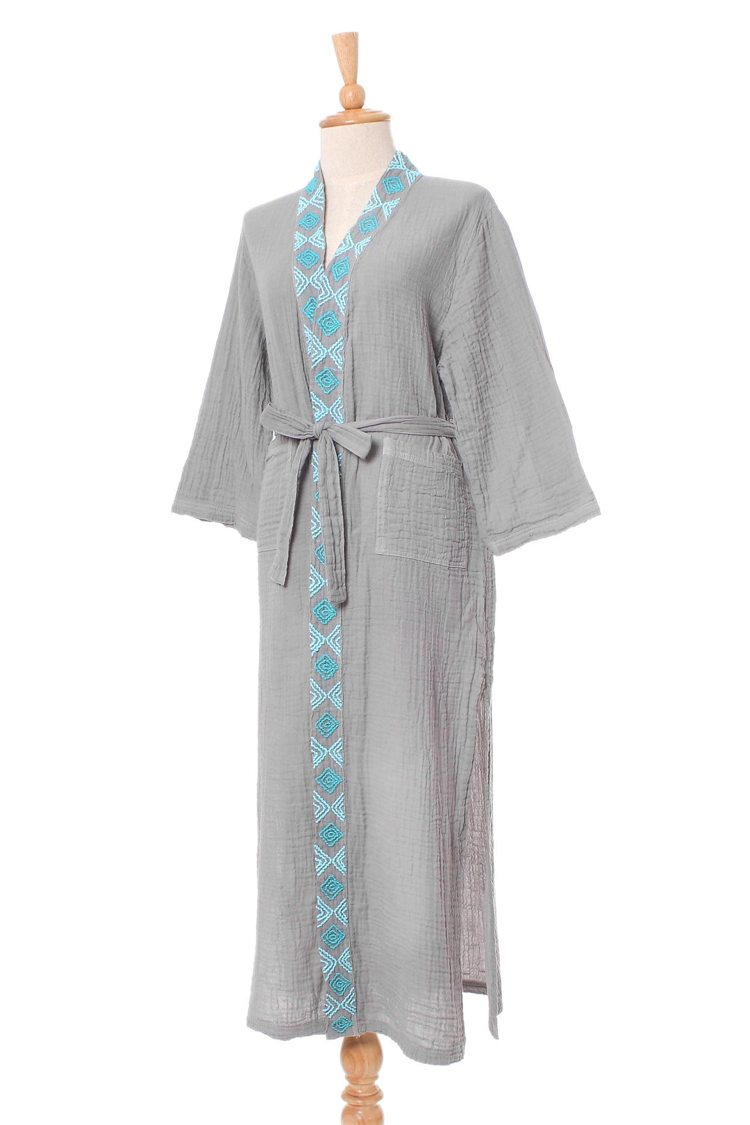 Diamond Embroidered Cotton Robe in Ash from Thailand - Blue Diamonds