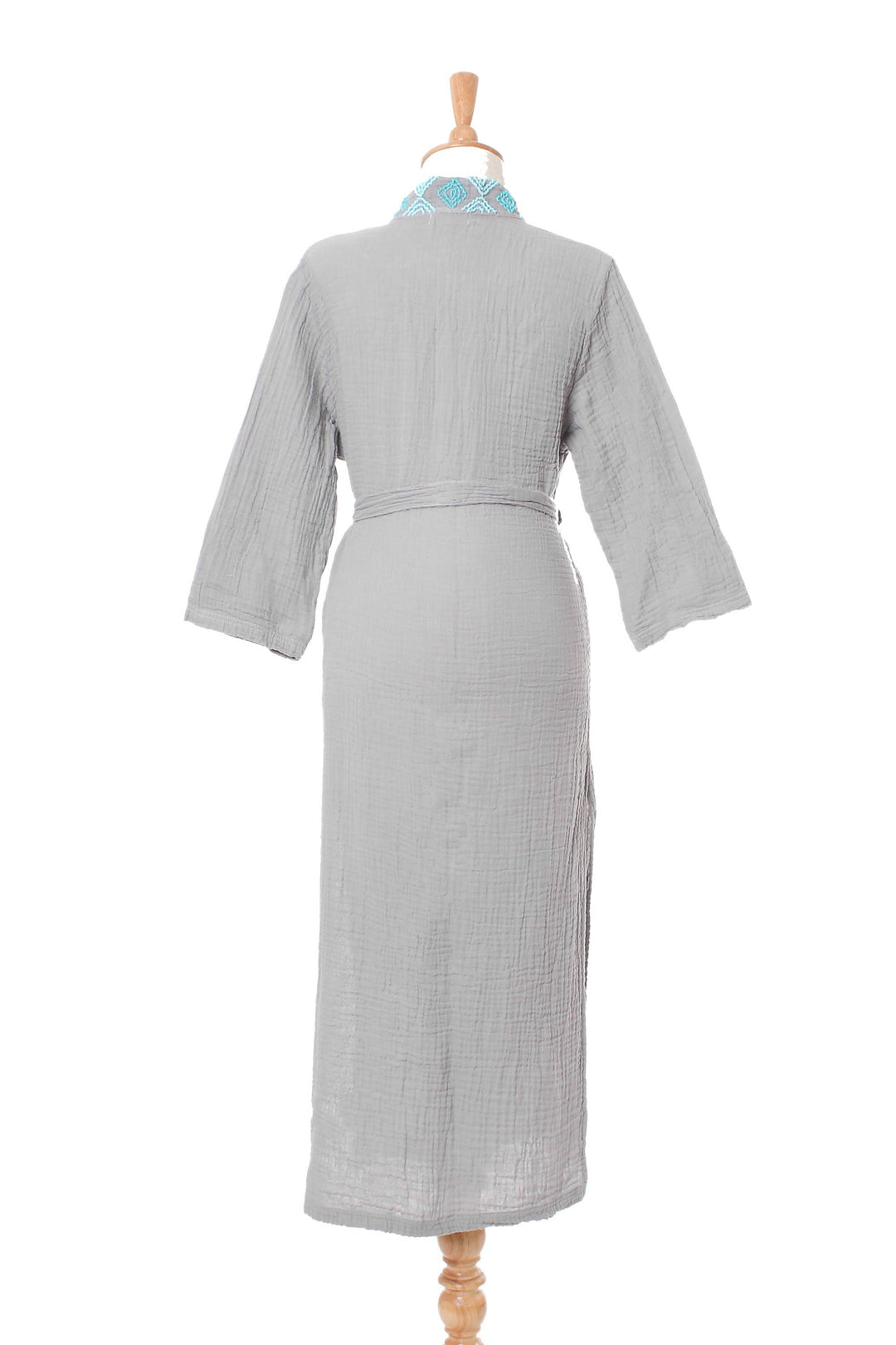 Diamond Embroidered Cotton Robe in Ash from Thailand - Blue Diamonds