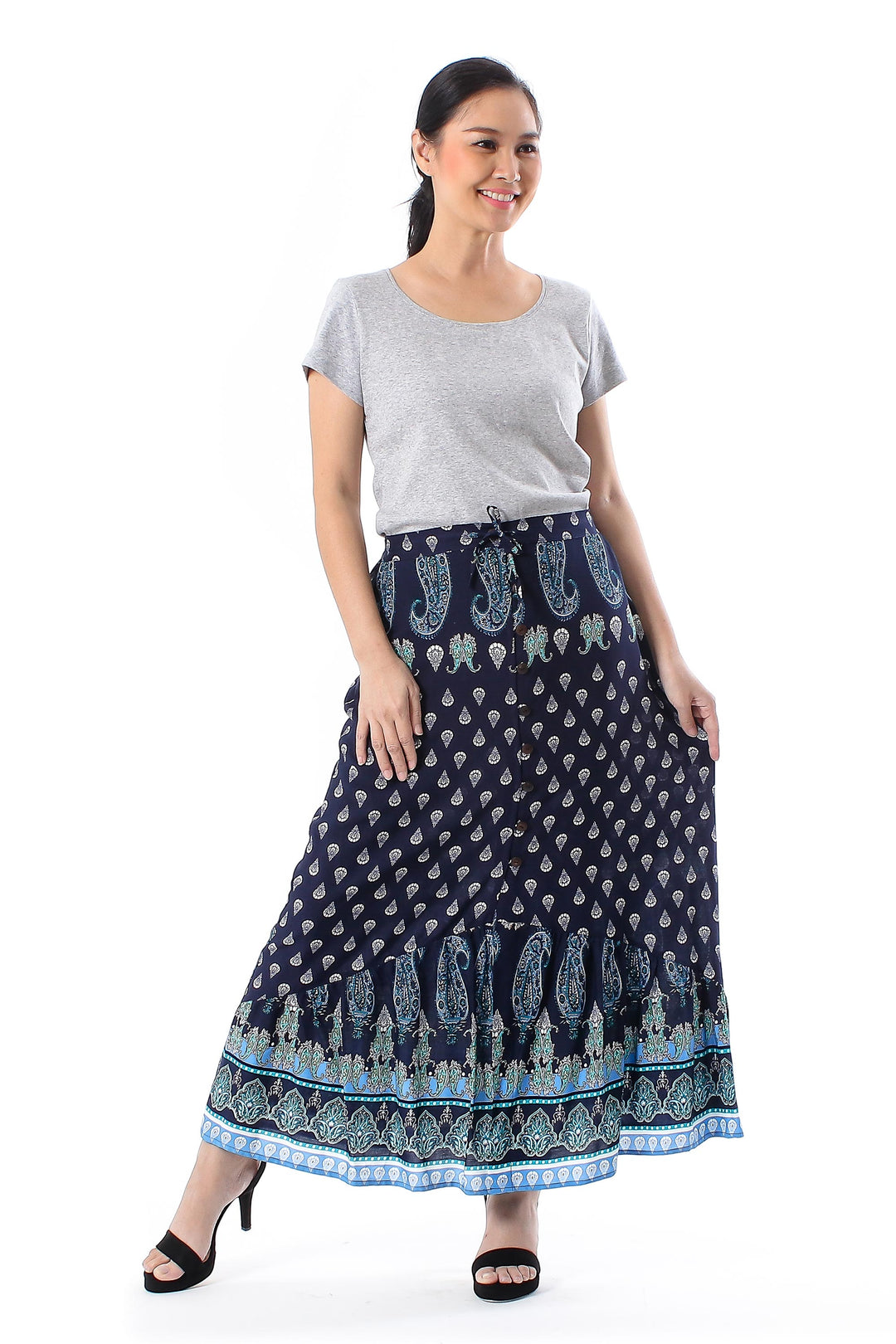 Paisley Motif Printed Rayon Skirt from Thailand - Navy Paisleys