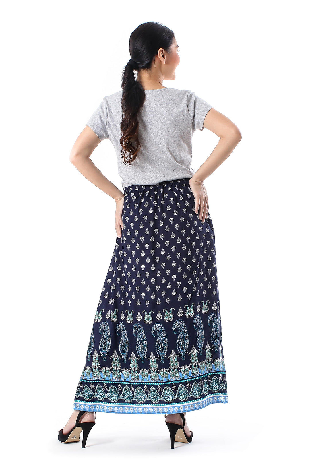 Paisley Motif Printed Rayon Skirt from Thailand - Navy Paisleys