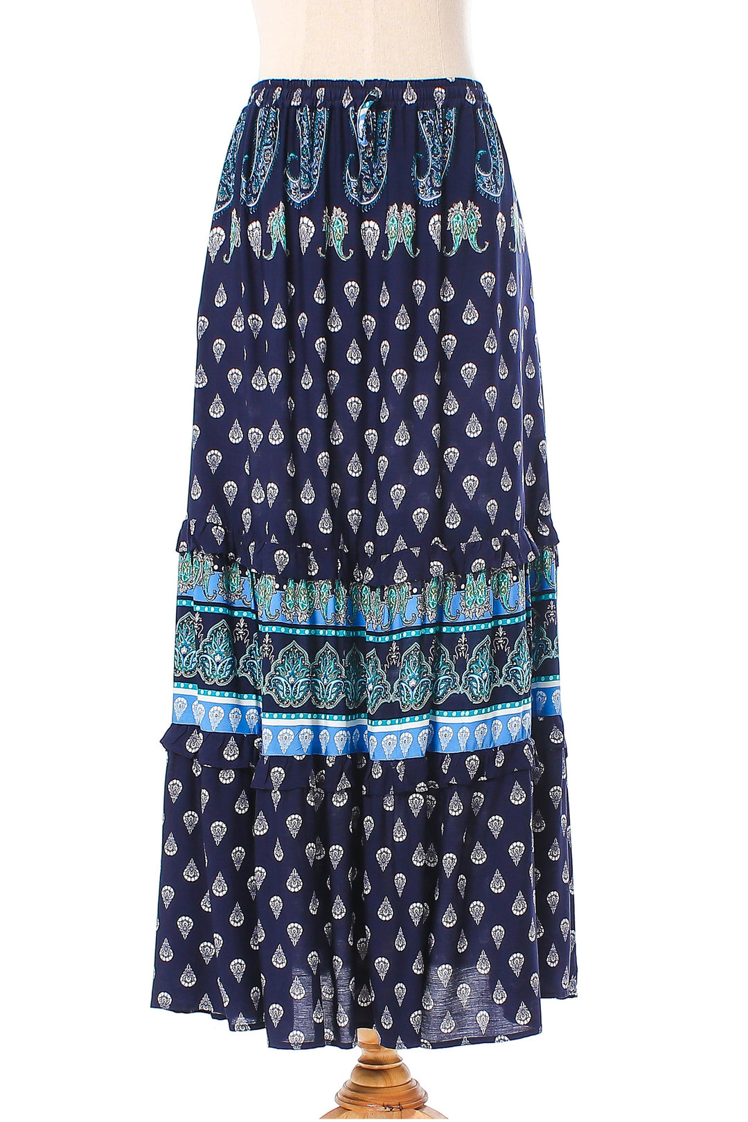 Paisley Motif Printed Rayon Skirt from Thailand - Navy Paisleys