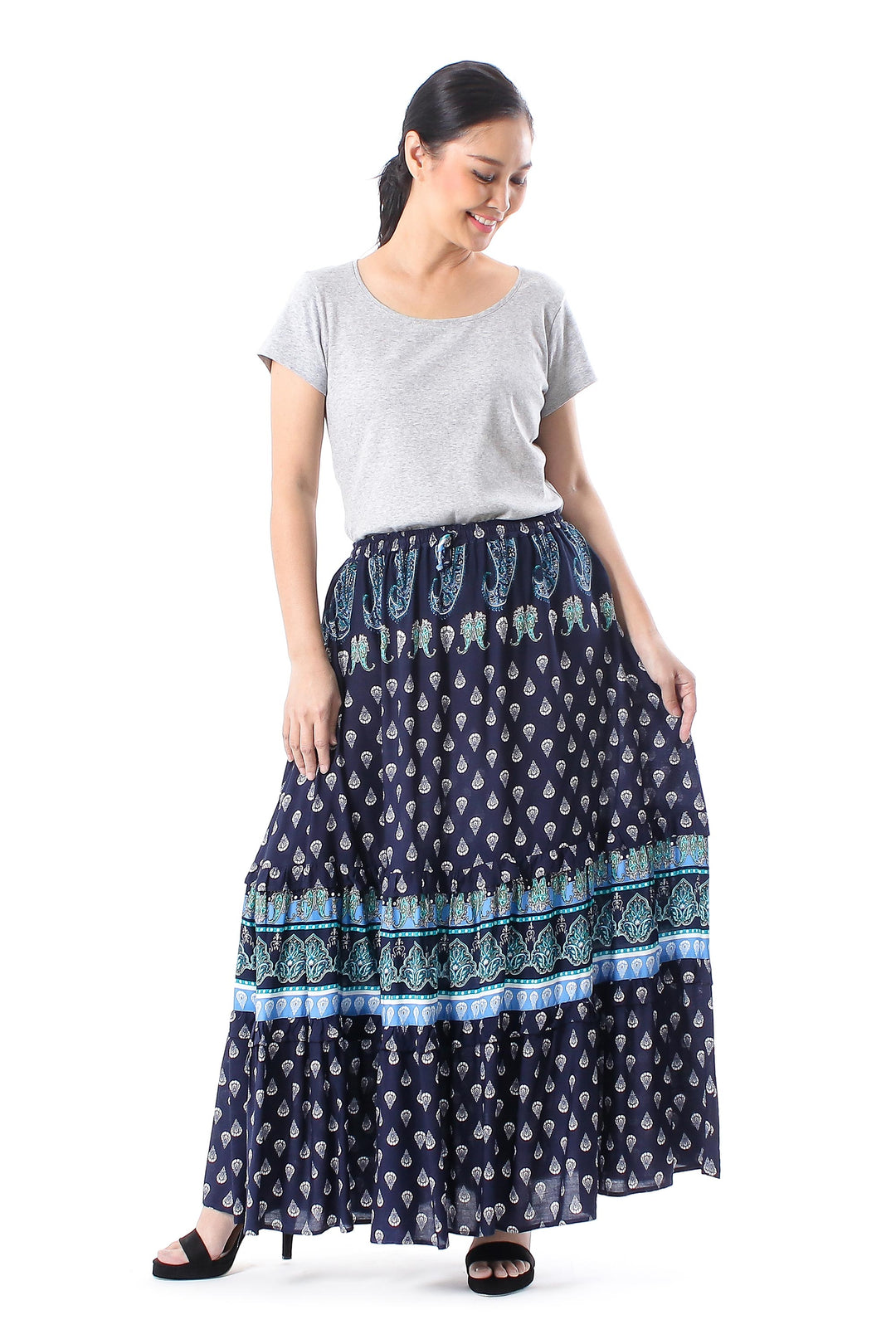 Indigo Paisley Motif Rayon Skirt Crafted in Thailand - Paisley Park