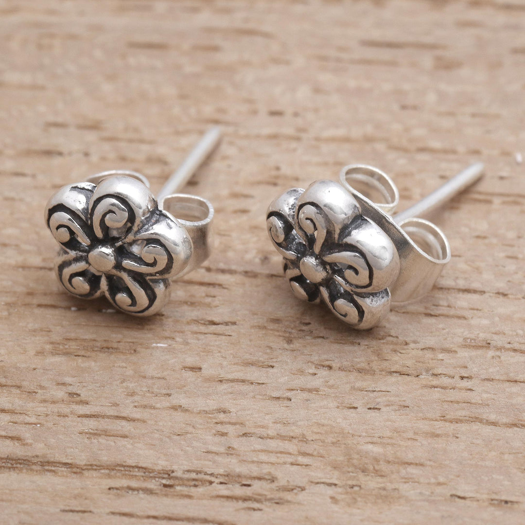 Spiral Pattern Floral Sterling Silver Stud Earrings - Small Curls