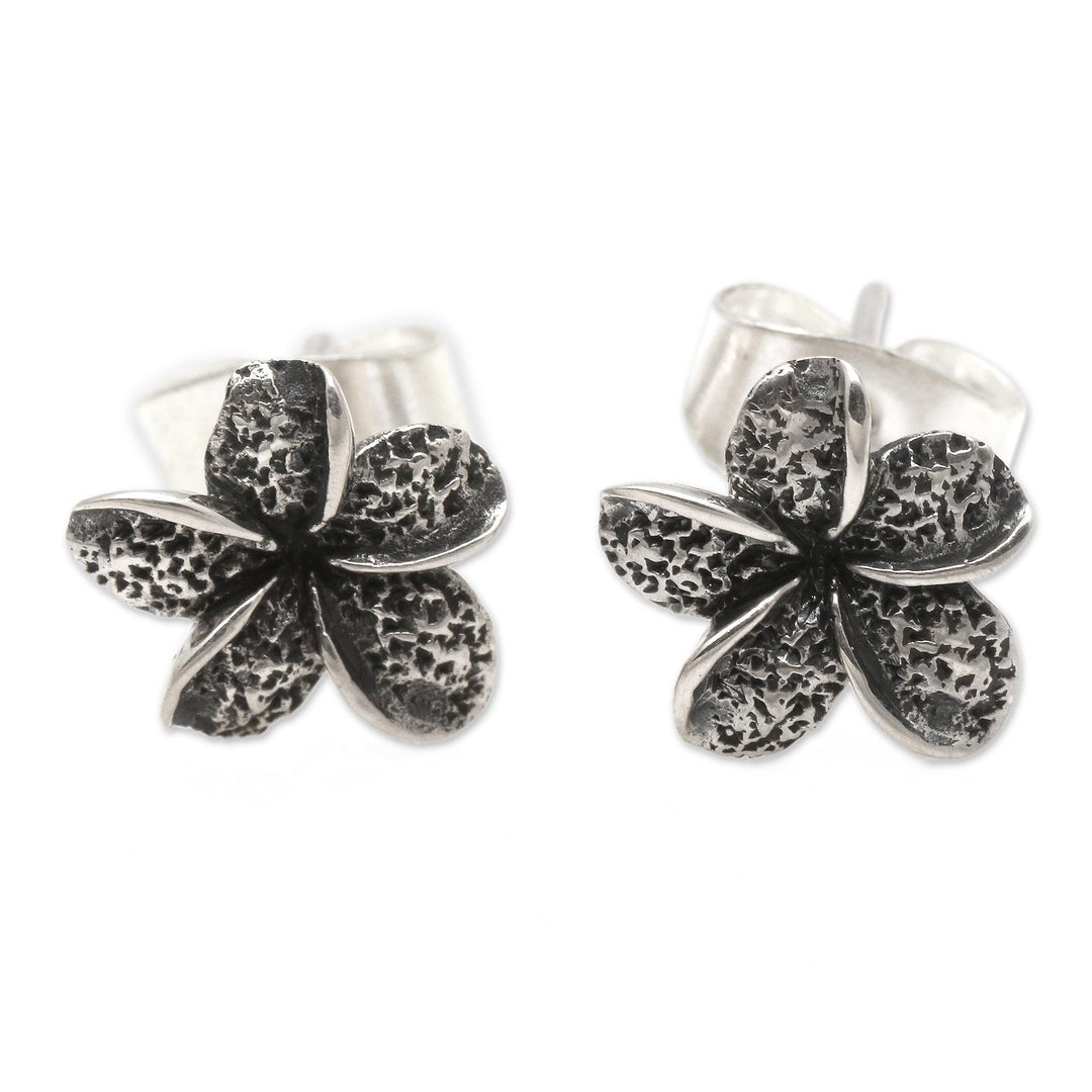 Frangipani Flower Sterling Silver Stud Earrings from Bali - Dark Jepun
