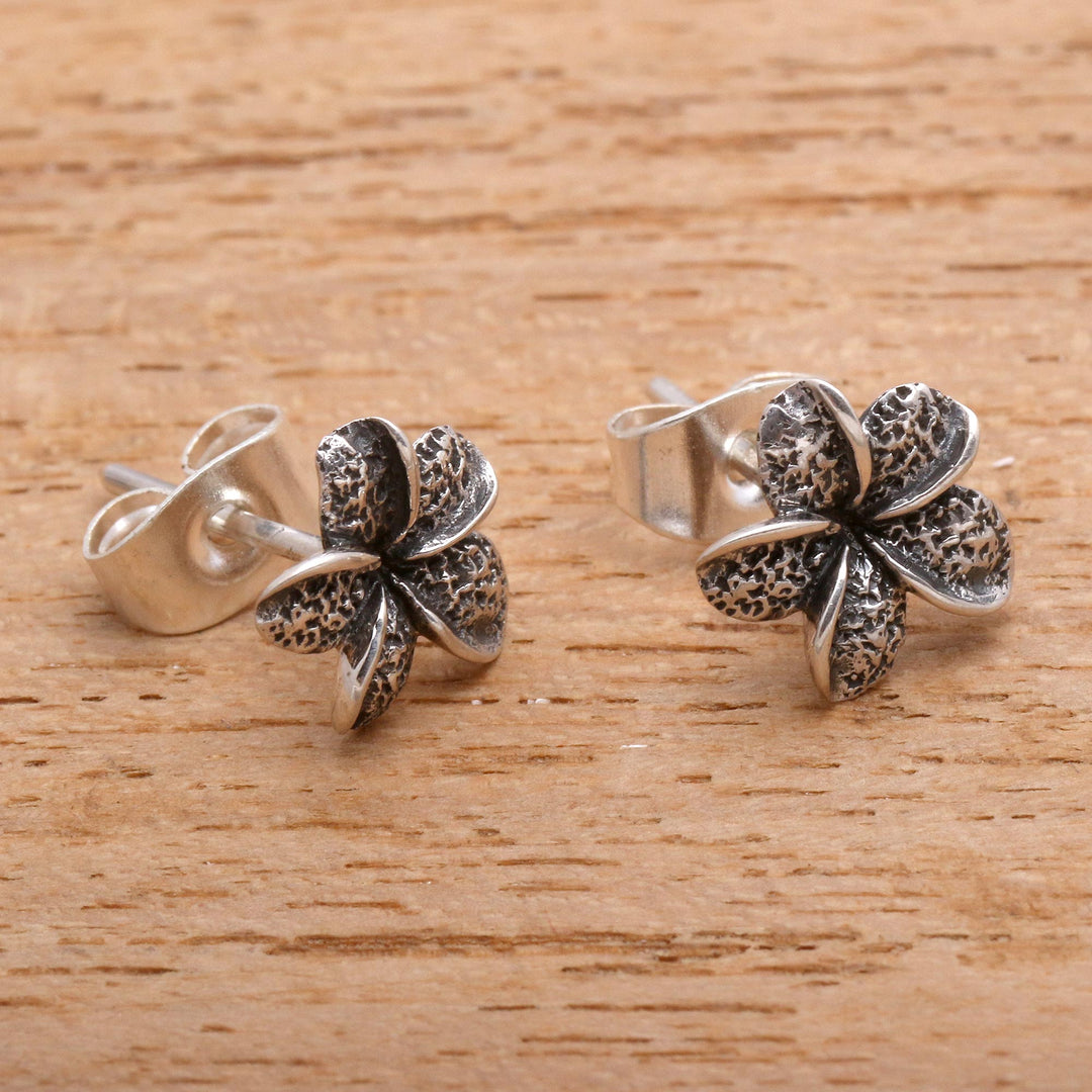 Frangipani Flower Sterling Silver Stud Earrings from Bali - Dark Jepun