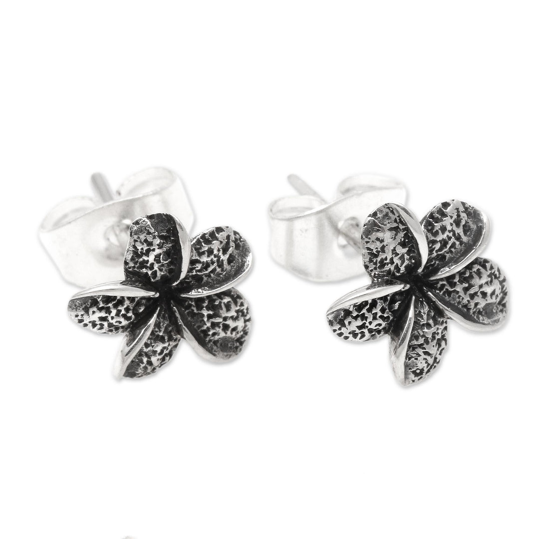 Frangipani Flower Sterling Silver Stud Earrings from Bali - Dark Jepun