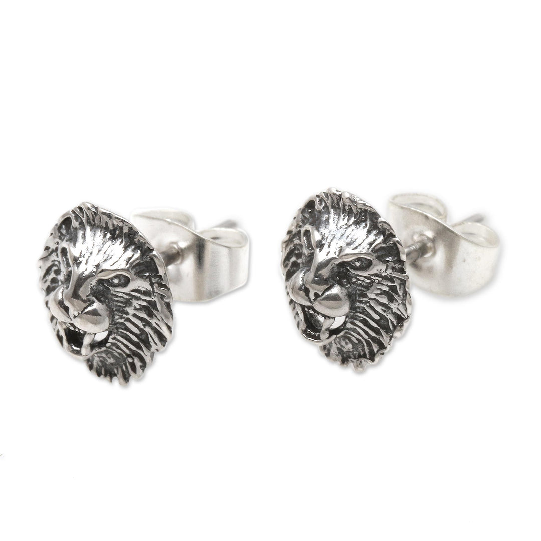 Sterling Silver Lion Stud Earrings from Bali - Lion Mane