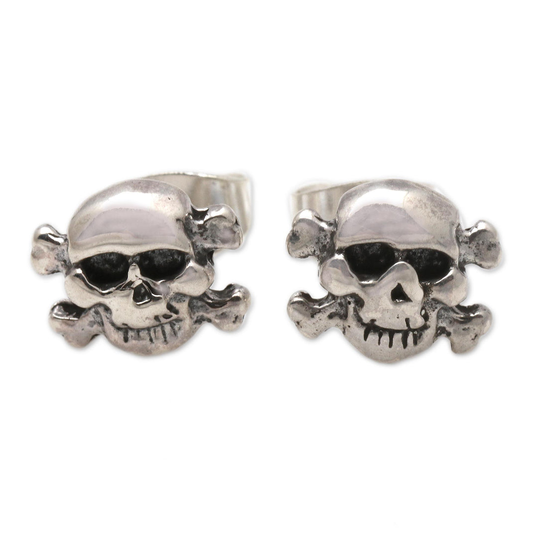Skull and Crossbones Sterling Silver Stud Earrings from Bali - Skull and Crossbones