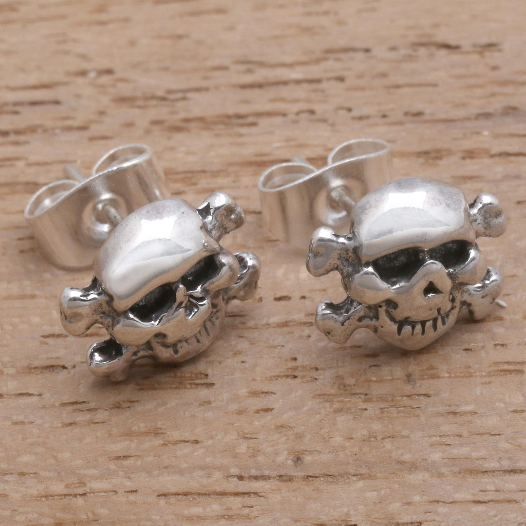 Skull and Crossbones Sterling Silver Stud Earrings from Bali - Skull and Crossbones