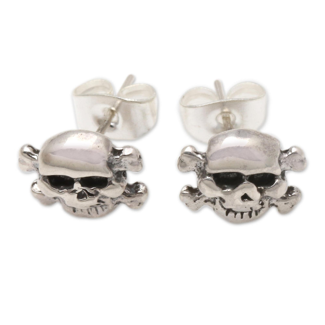 Skull and Crossbones Sterling Silver Stud Earrings from Bali - Skull and Crossbones