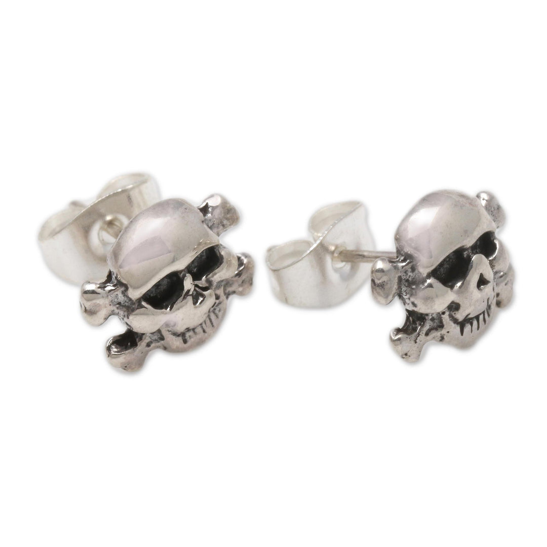 Skull and Crossbones Sterling Silver Stud Earrings from Bali - Skull and Crossbones