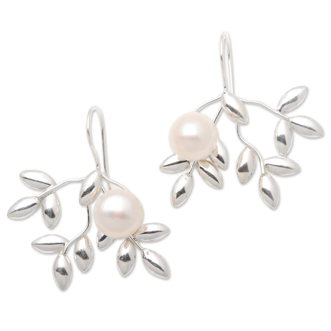 Leafy Cultured Pearl Drop Earrings from Bali - Ripe