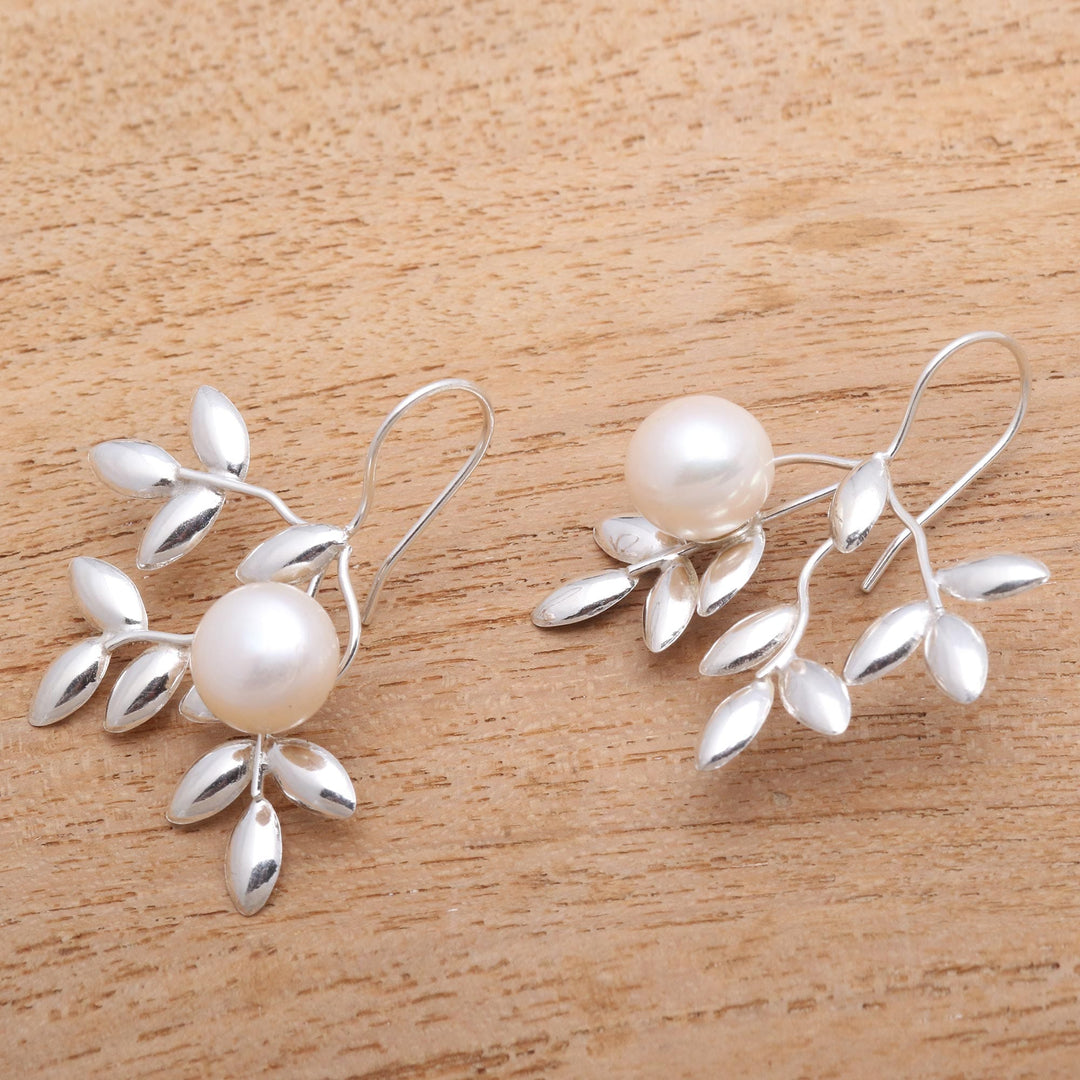 Leafy Cultured Pearl Drop Earrings from Bali - Ripe