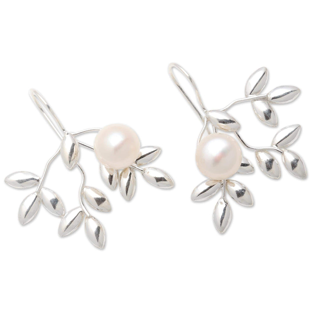 Leafy Cultured Pearl Drop Earrings from Bali - Ripe
