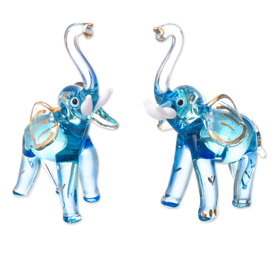 Gilded Blown Glass Elephant Figurines in Light Blue (Pair) - Gilded Elephants in Light Blue