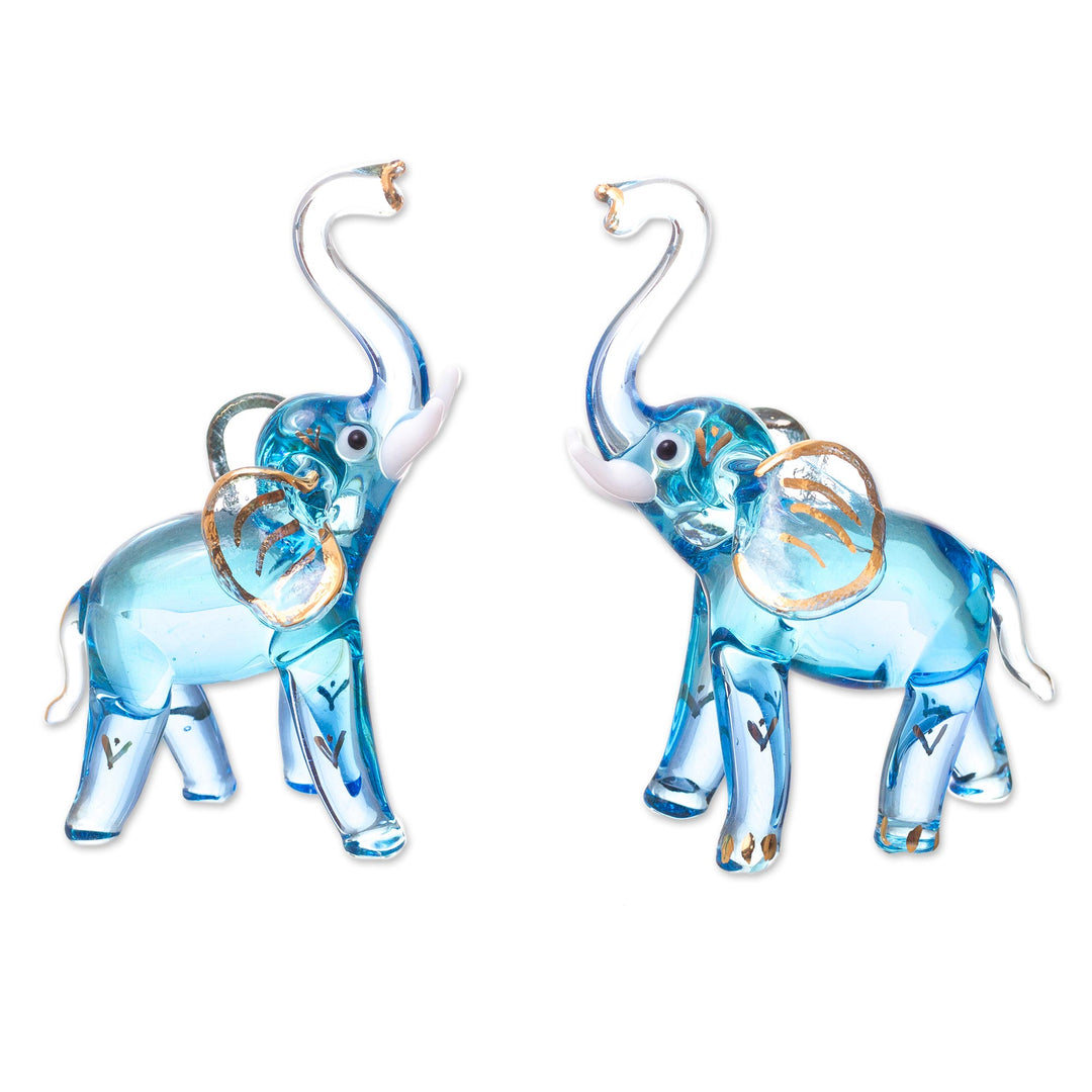 Gilded Blown Glass Elephant Figurines in Light Blue (Pair) - Gilded Elephants in Light Blue
