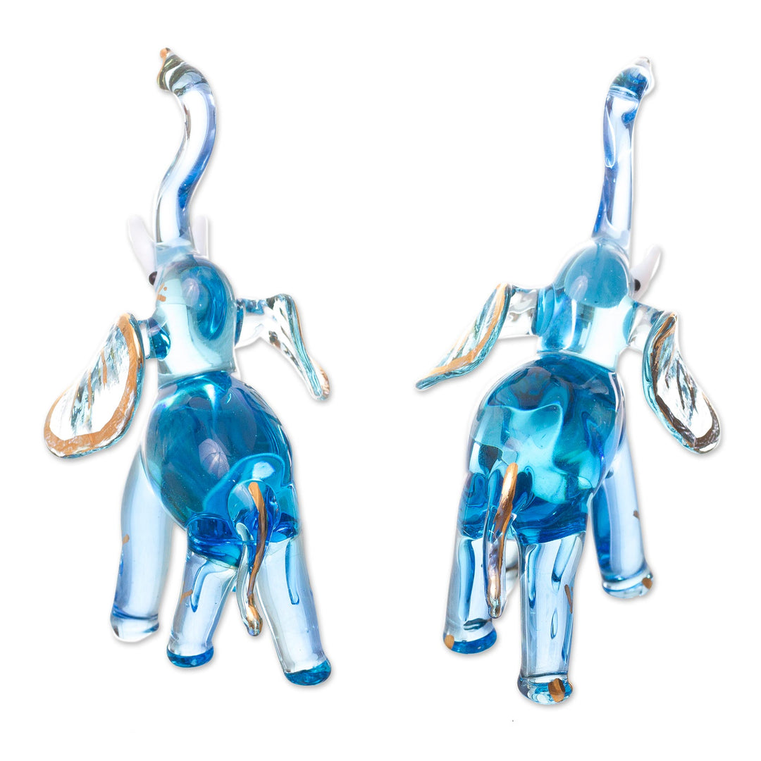 Gilded Blown Glass Elephant Figurines in Light Blue (Pair) - Gilded Elephants in Light Blue
