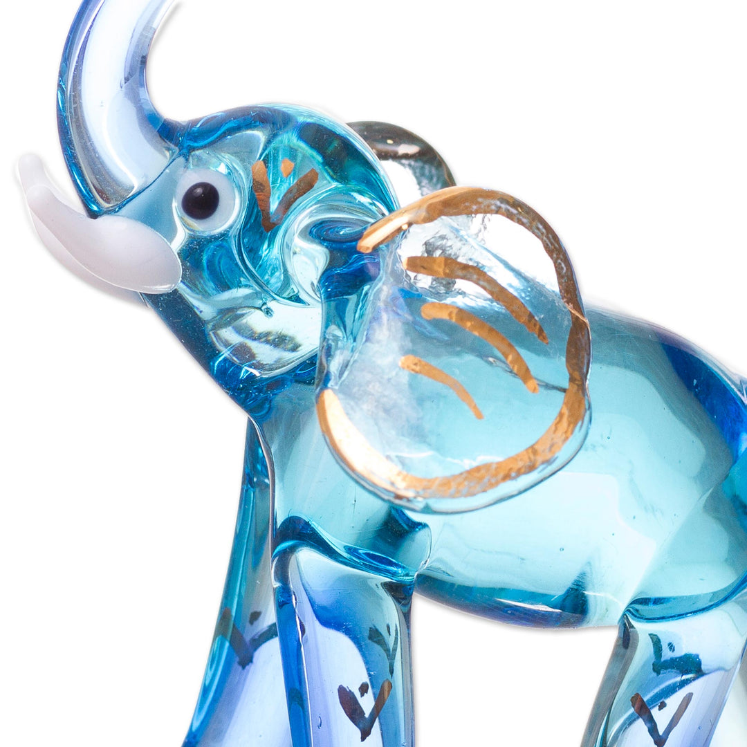 Gilded Blown Glass Elephant Figurines in Light Blue (Pair) - Gilded Elephants in Light Blue