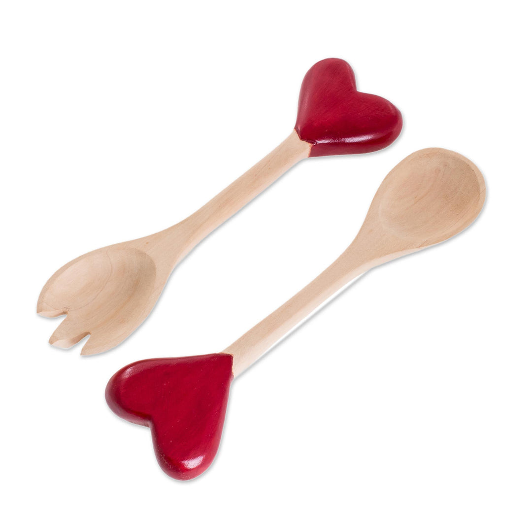 Heart-Themed Wood Serving Utensils from Guatemala (Pair) - Unconditional Love