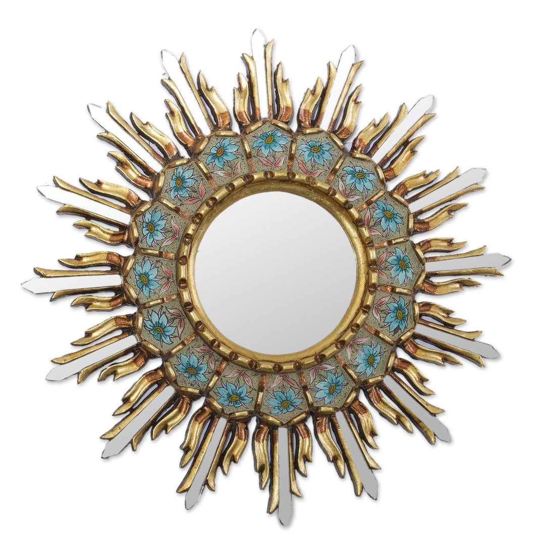 Bronze Gilded Reverse-Painted Glass Wood Wall Mirror - Sunny Arrangement
