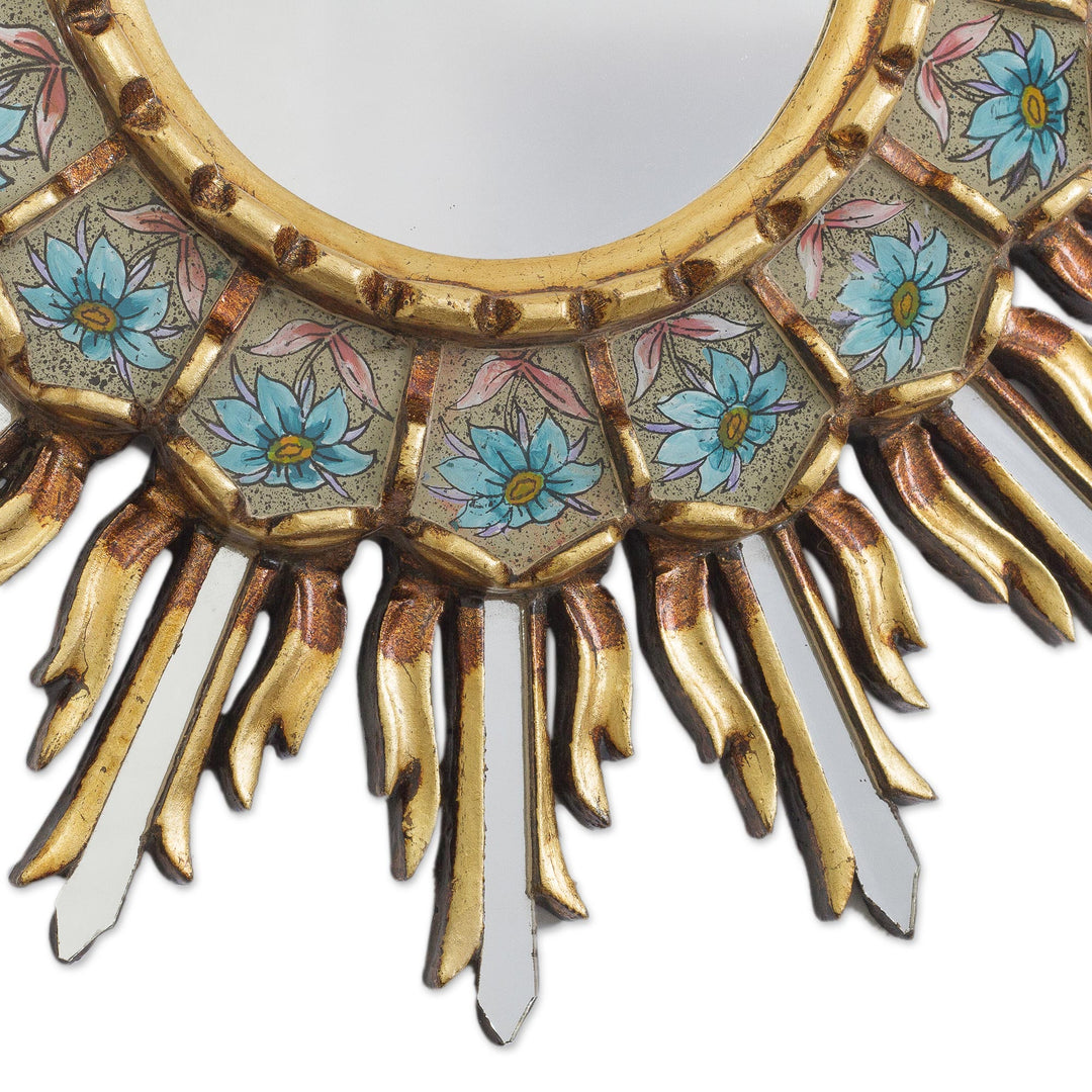 Bronze Gilded Reverse-Painted Glass Wood Wall Mirror - Sunny Arrangement