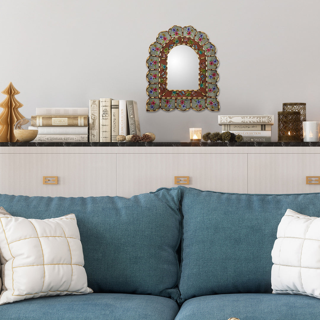 Reverse-Painted Glass Wood Wall Mirror with Floral Motifs - Sweet Arrangement