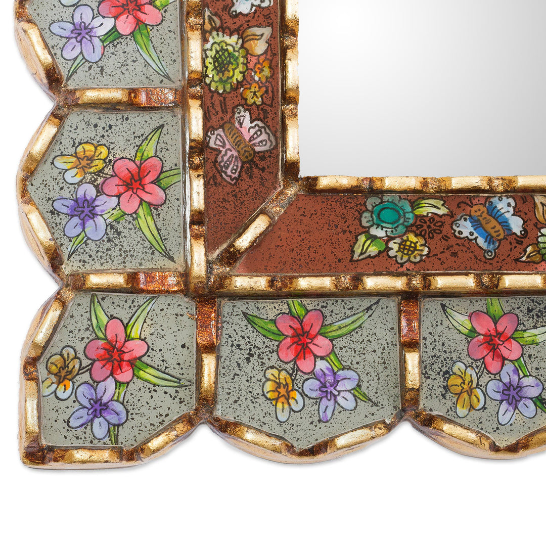 Reverse-Painted Glass Wood Wall Mirror with Floral Motifs - Sweet Arrangement