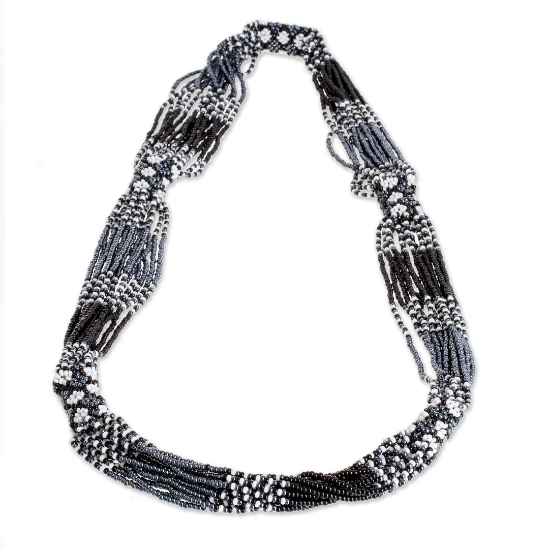 Black and White Glass Beaded Strand Necklace from Guatemala - Harmonious Elegance in Black