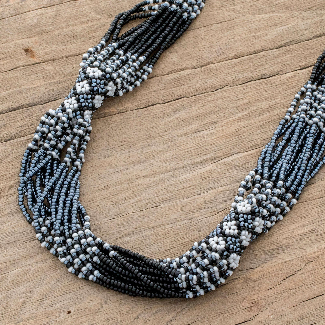Black and White Glass Beaded Strand Necklace from Guatemala - Harmonious Elegance in Black