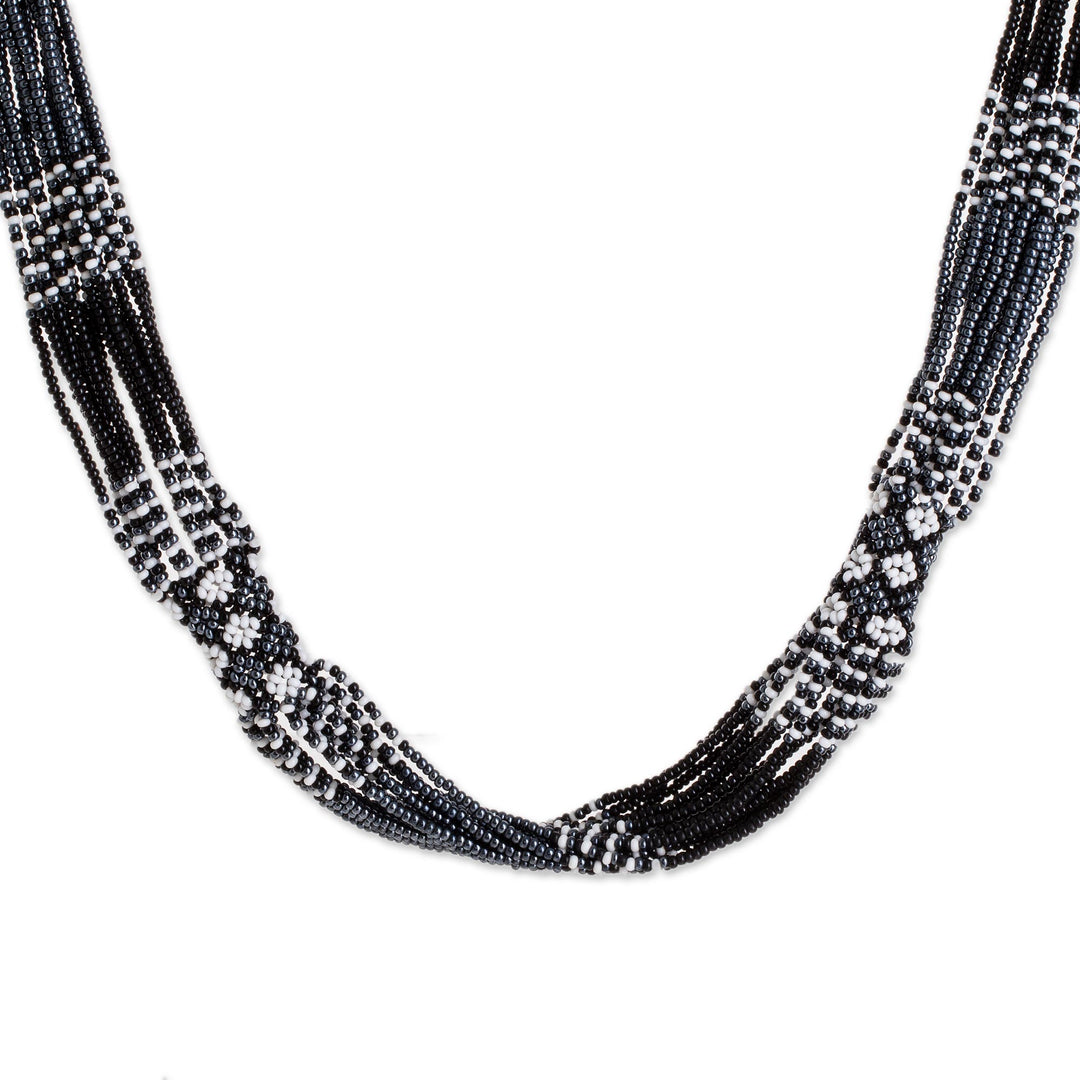 Black and White Glass Beaded Strand Necklace from Guatemala - Harmonious Elegance in Black