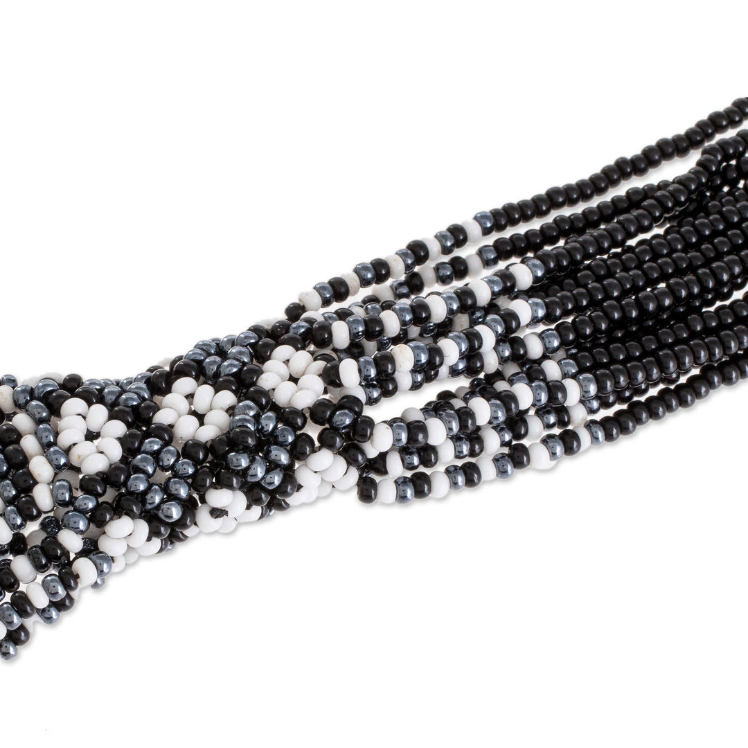 Black and White Glass Beaded Strand Necklace from Guatemala - Harmonious Elegance in Black