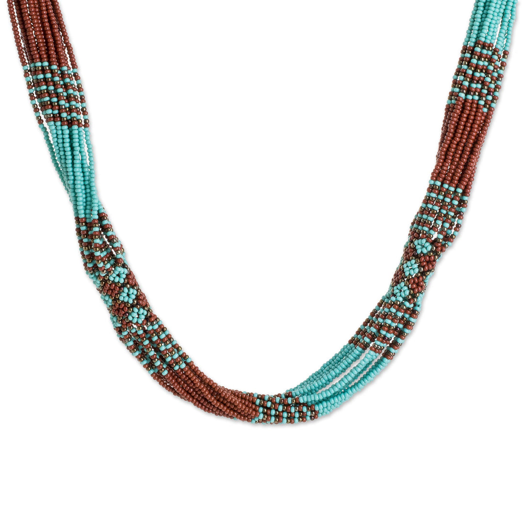 Brown and Turquoise Blue Glass Beaded Strand Necklace - Harmonious Elegance in Brown