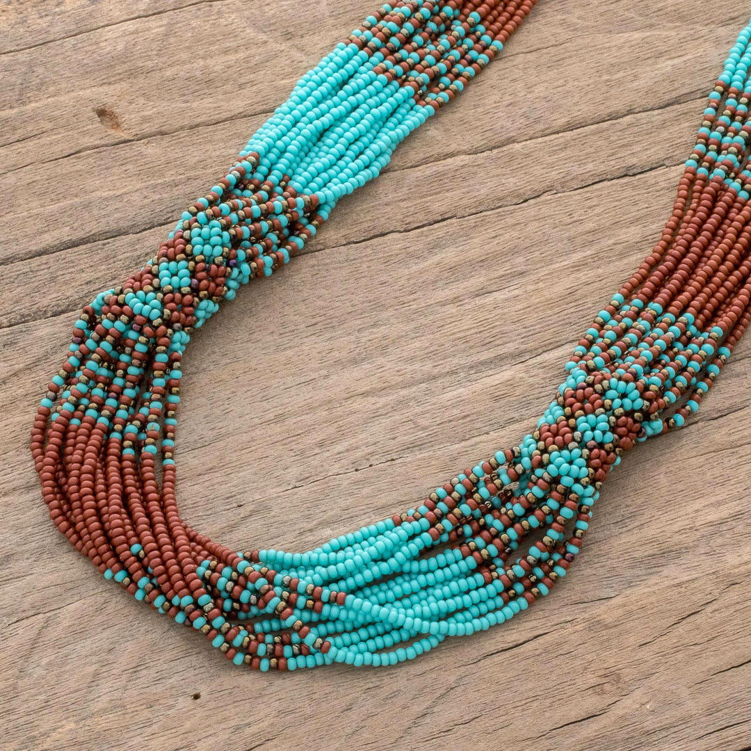 Brown and Turquoise Blue Glass Beaded Strand Necklace - Harmonious Elegance in Brown
