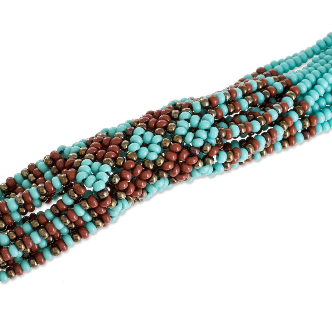 Brown and Turquoise Blue Glass Beaded Strand Necklace - Harmonious Elegance in Brown