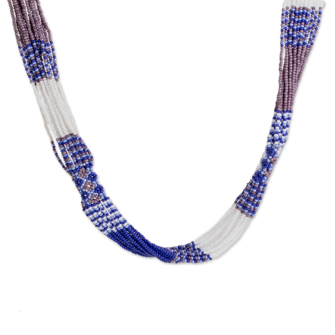 Blue and White Glass Beaded Strand Necklace from Guatemala - Harmonious Elegance in Blue