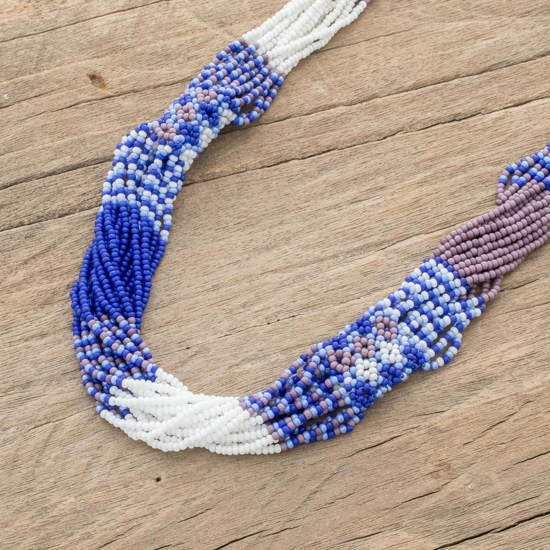 Blue and White Glass Beaded Strand Necklace from Guatemala - Harmonious Elegance in Blue