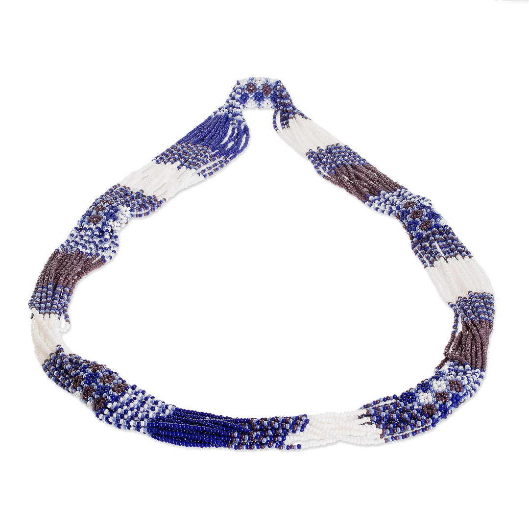 Blue and White Glass Beaded Strand Necklace from Guatemala - Harmonious Elegance in Blue