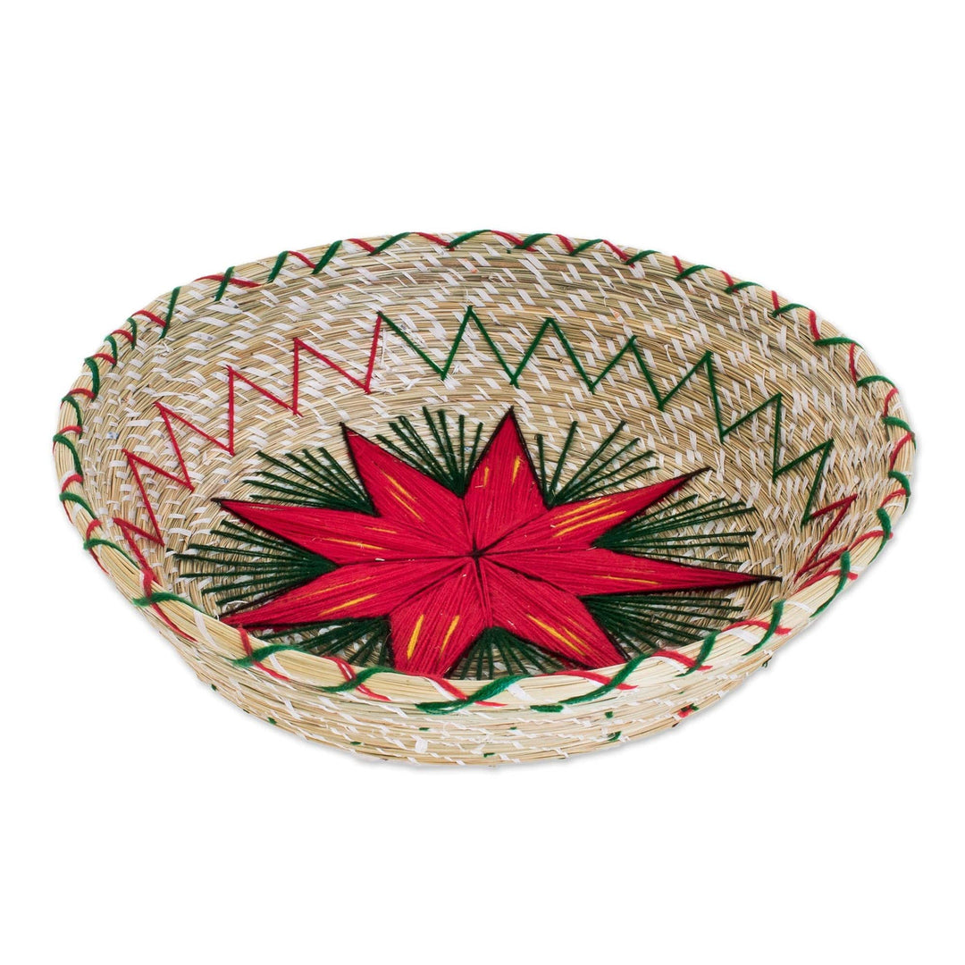 Red Star Natural Fiber Decorative Basket from Guatemala - Artisanal Star in Red