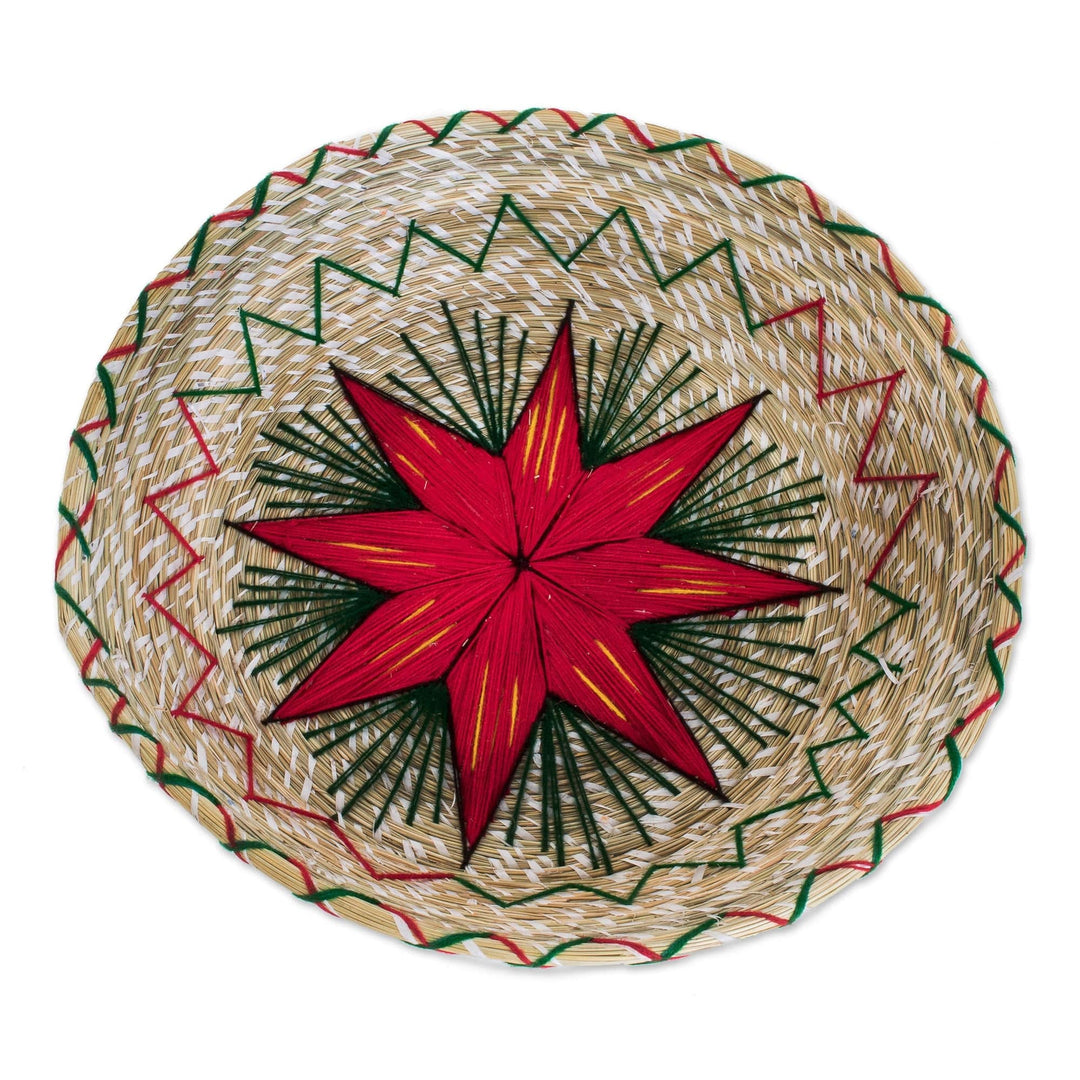 Red Star Natural Fiber Decorative Basket from Guatemala - Artisanal Star in Red