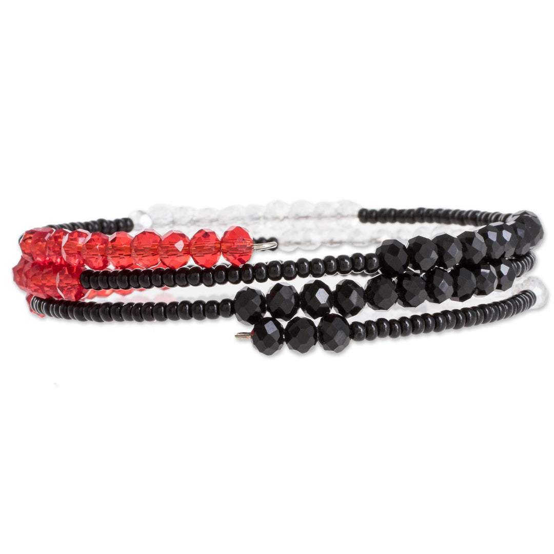 Black and Red Glass and Crystal Beaded Wrap Bracelet - Two-Tone Illusion