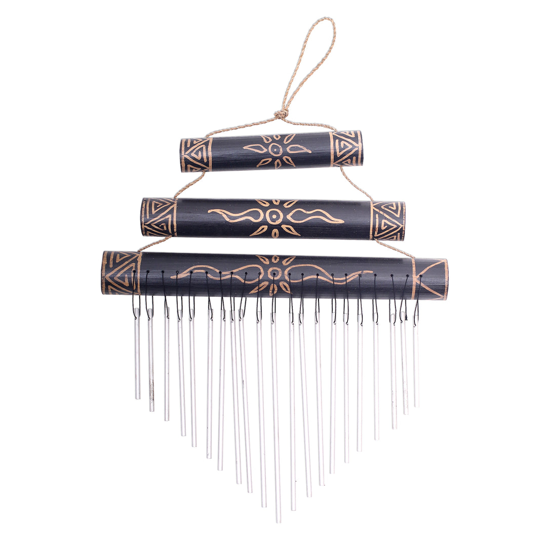 Sun Motif Bamboo Wind Chimes in Black from Bali - Breezy Sound