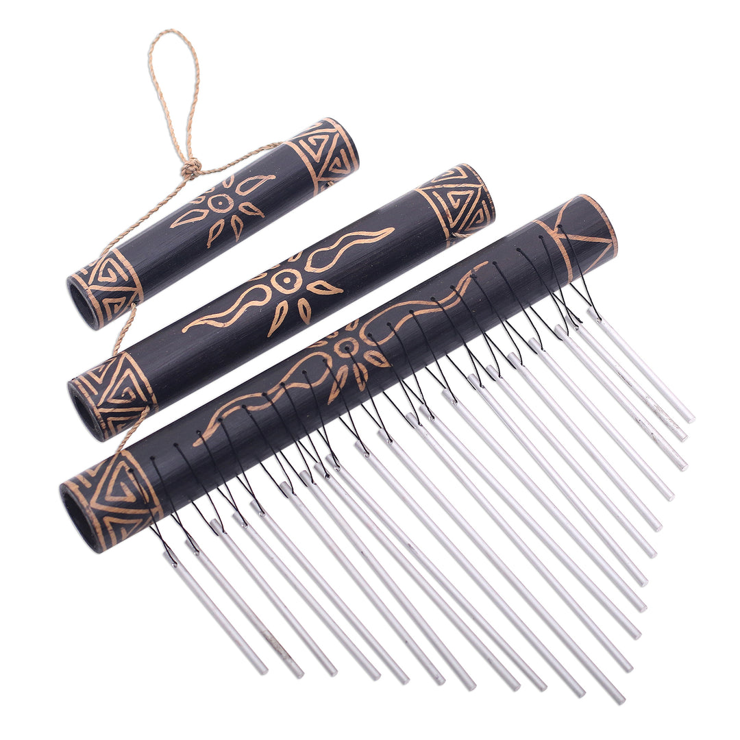 Sun Motif Bamboo Wind Chimes in Black from Bali - Breezy Sound