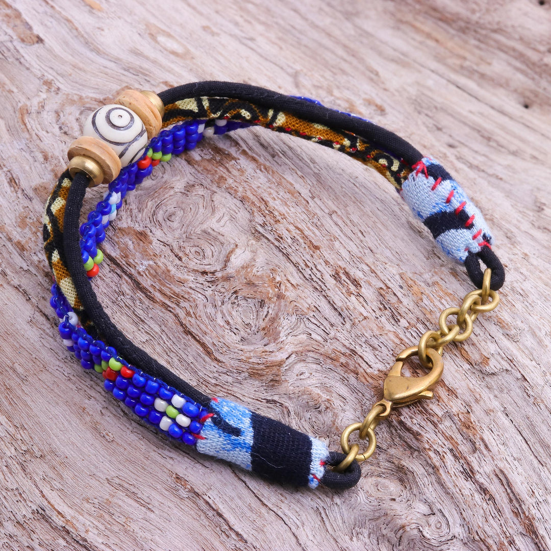Glass and Cotton Beaded Strand Bracelet in Blue - Bohemian Friendship
