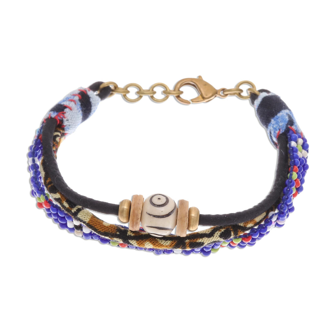 Glass and Cotton Beaded Strand Bracelet in Blue - Bohemian Friendship