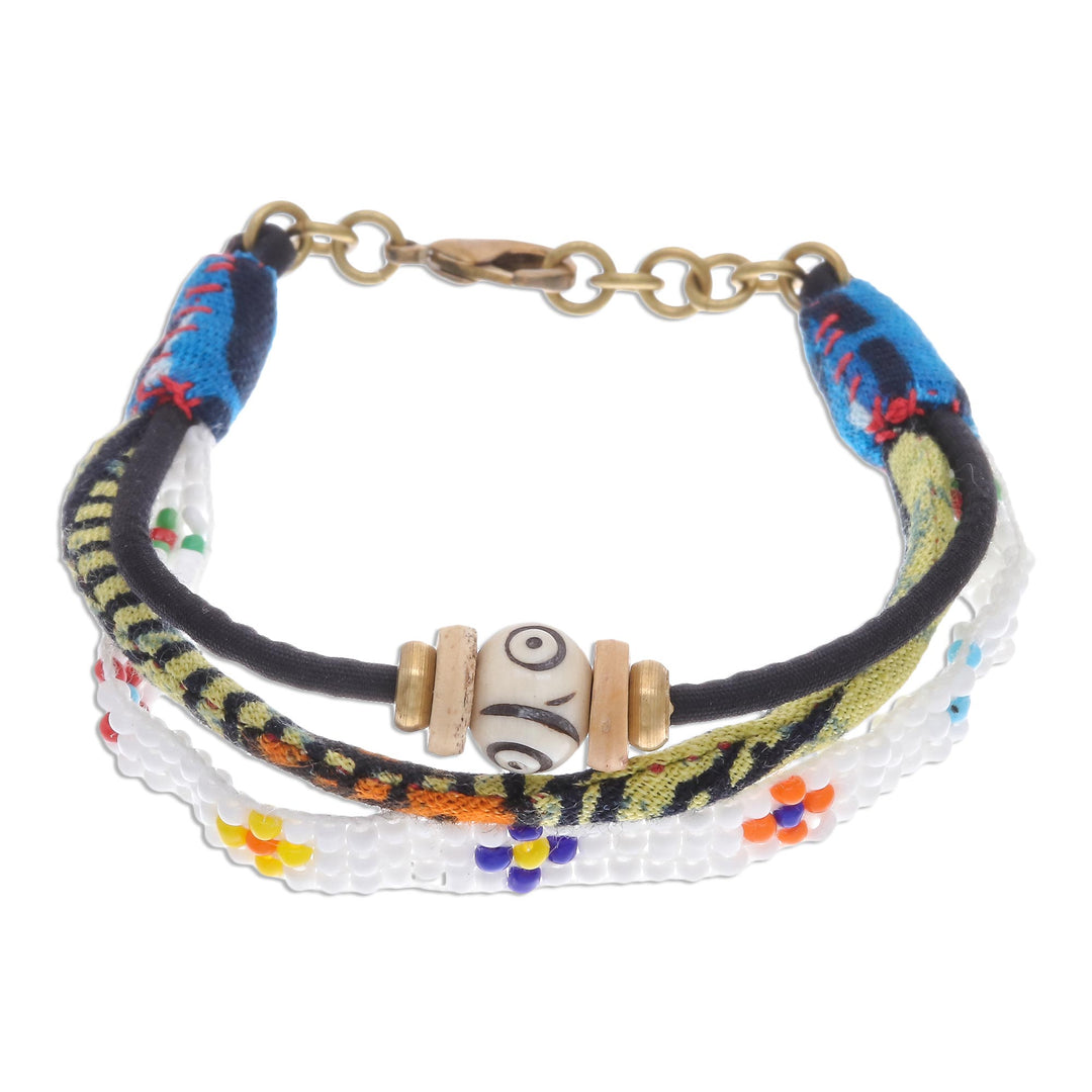 Glass and Cotton Beaded Strand Bracelet in White - Pure Boho