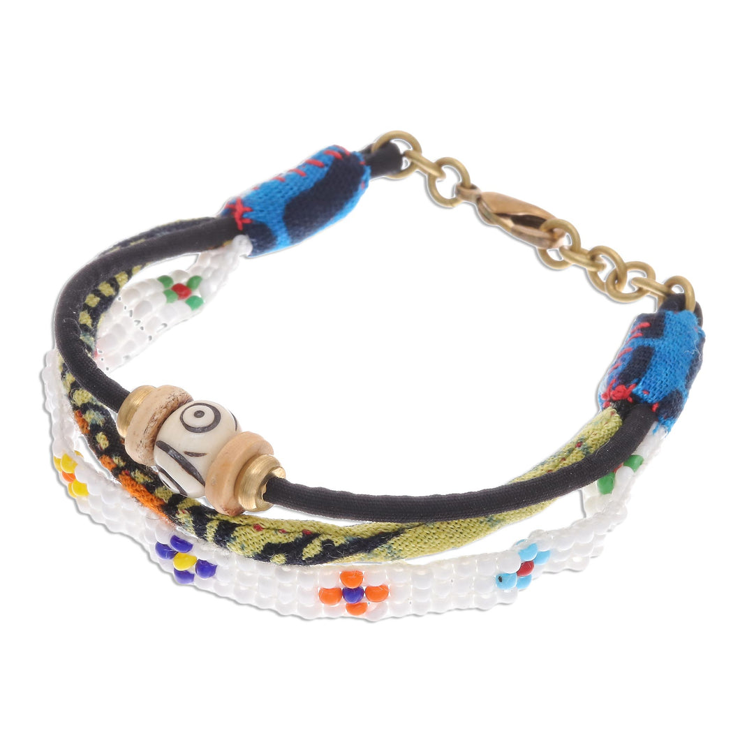 Glass and Cotton Beaded Strand Bracelet in White - Pure Boho