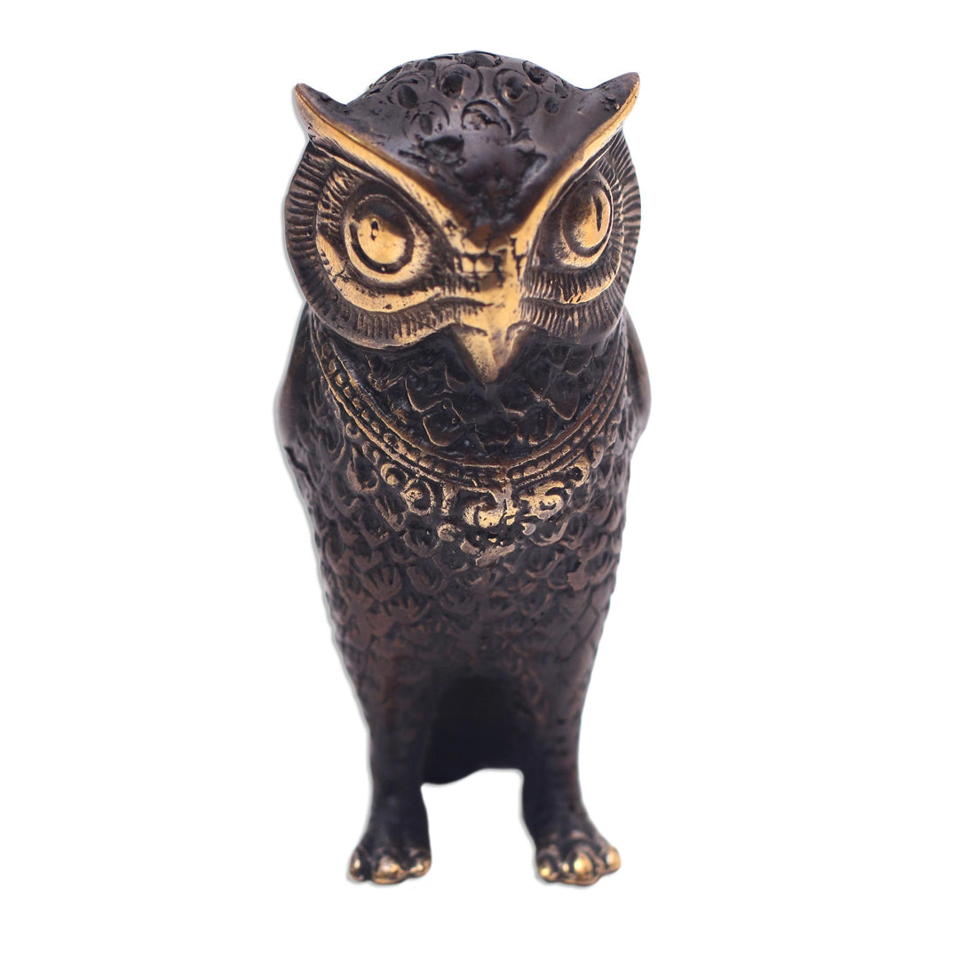 Antiqued Bronze Owl Figurine Crafted in Bali - Gleaming Owl