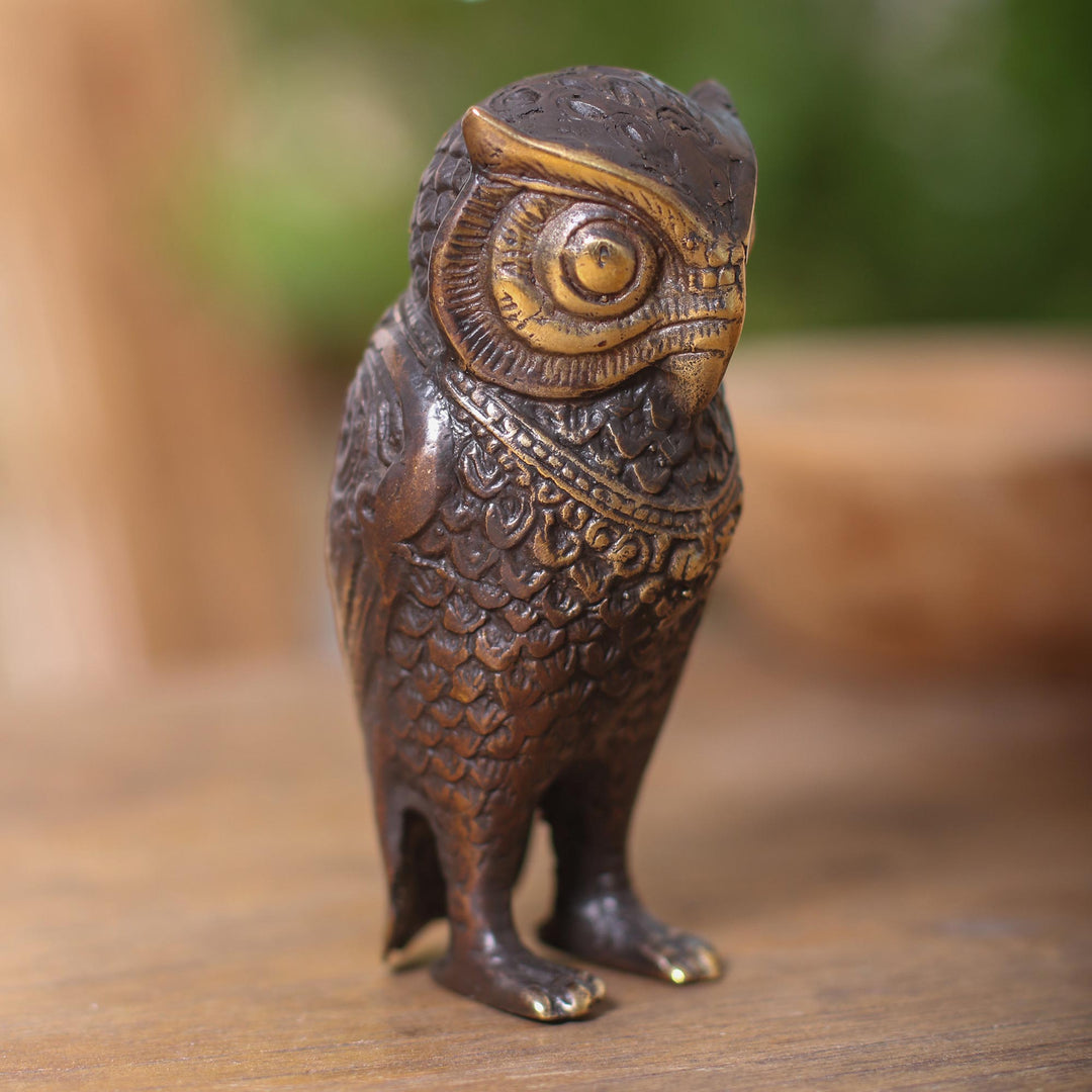 Antiqued Bronze Owl Figurine Crafted in Bali - Gleaming Owl