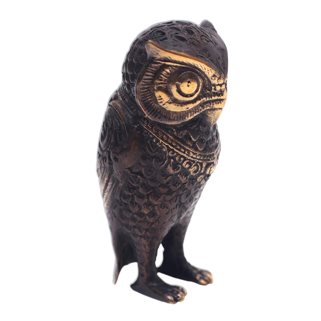 Antiqued Bronze Owl Figurine Crafted in Bali - Gleaming Owl