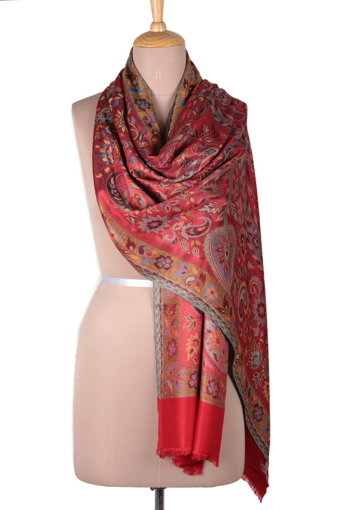 Red Jamawar Style Paisley and Floral Shawl - Paisley Extravagance